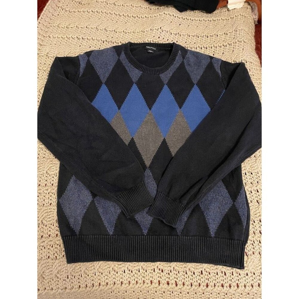 Nautica Mens Argyle Sweater L Black Blue Gray 100% Cotton Classic Knit Long Slee